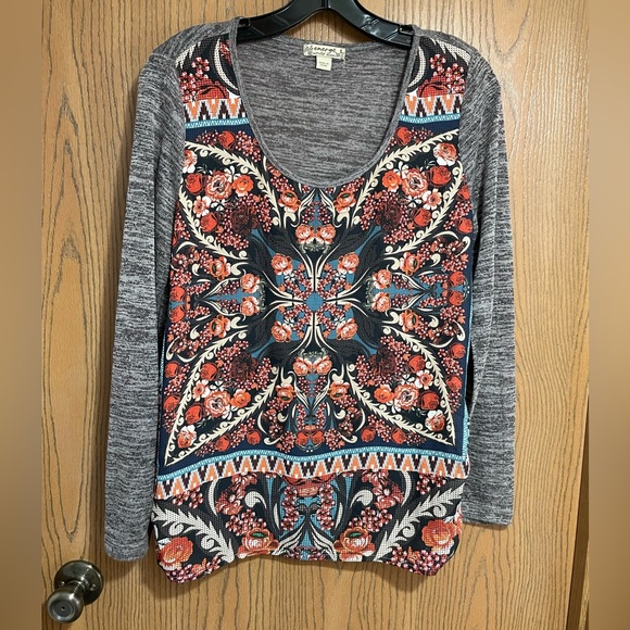Energe Tops - Energe Red Floral Patterned Long Sleeved Gray Top